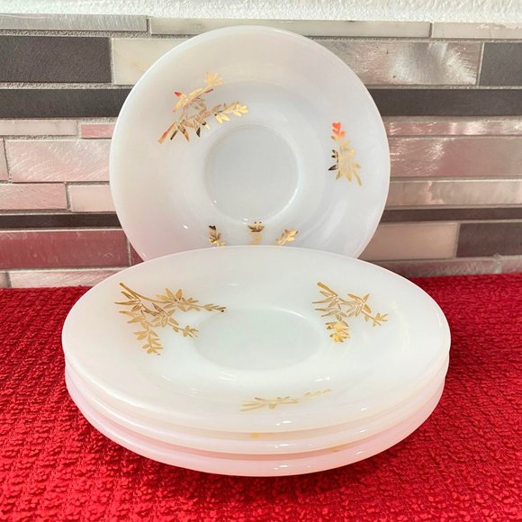 Federal Dining Vintage Federal Glass Milk Glass Saucers Dessert Plates Gold Floral Set Of 4